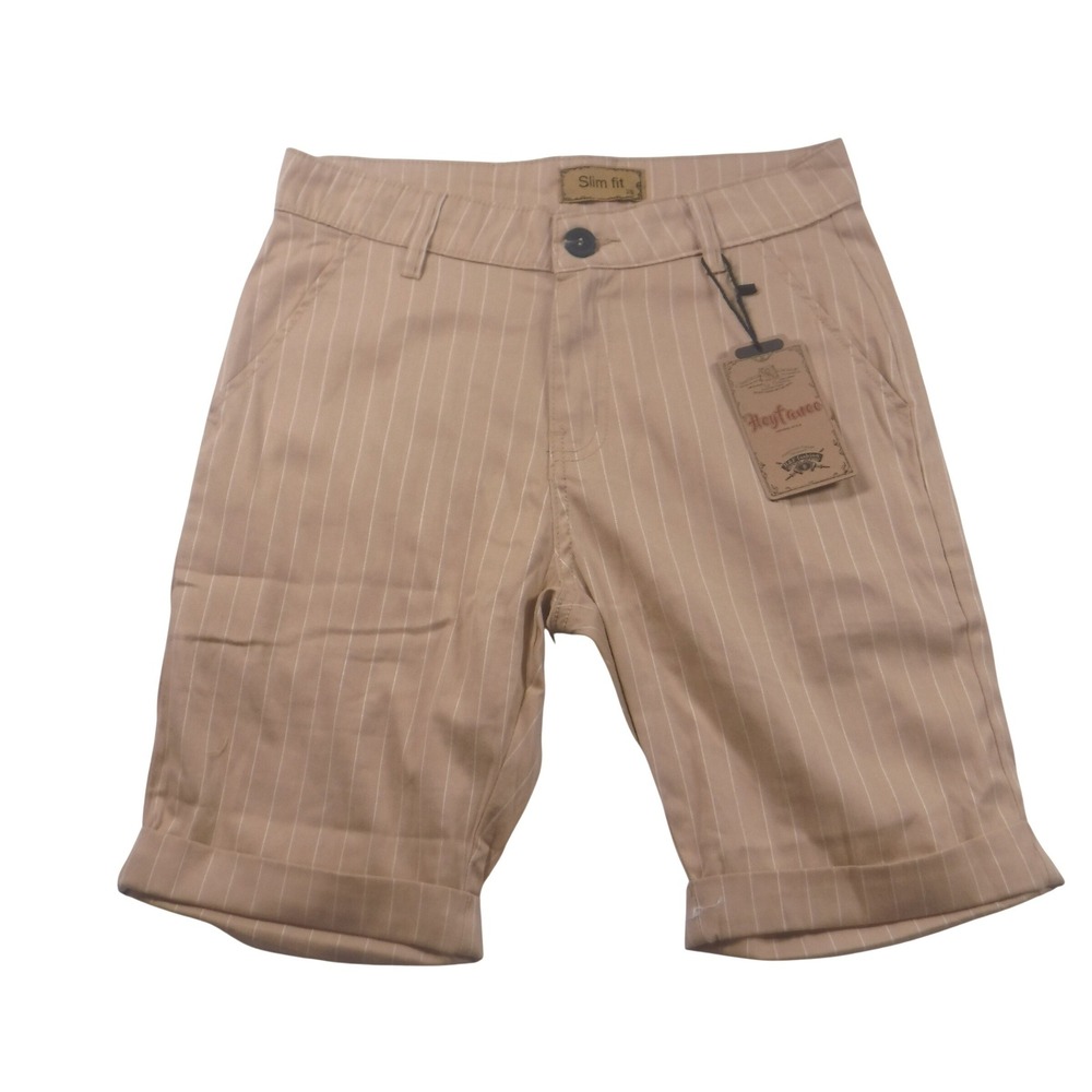 Heyfanee‎ Mens Slim Fit Pinstripe Chino Shorts Tan Khaki Cuffed Size 28 NWT